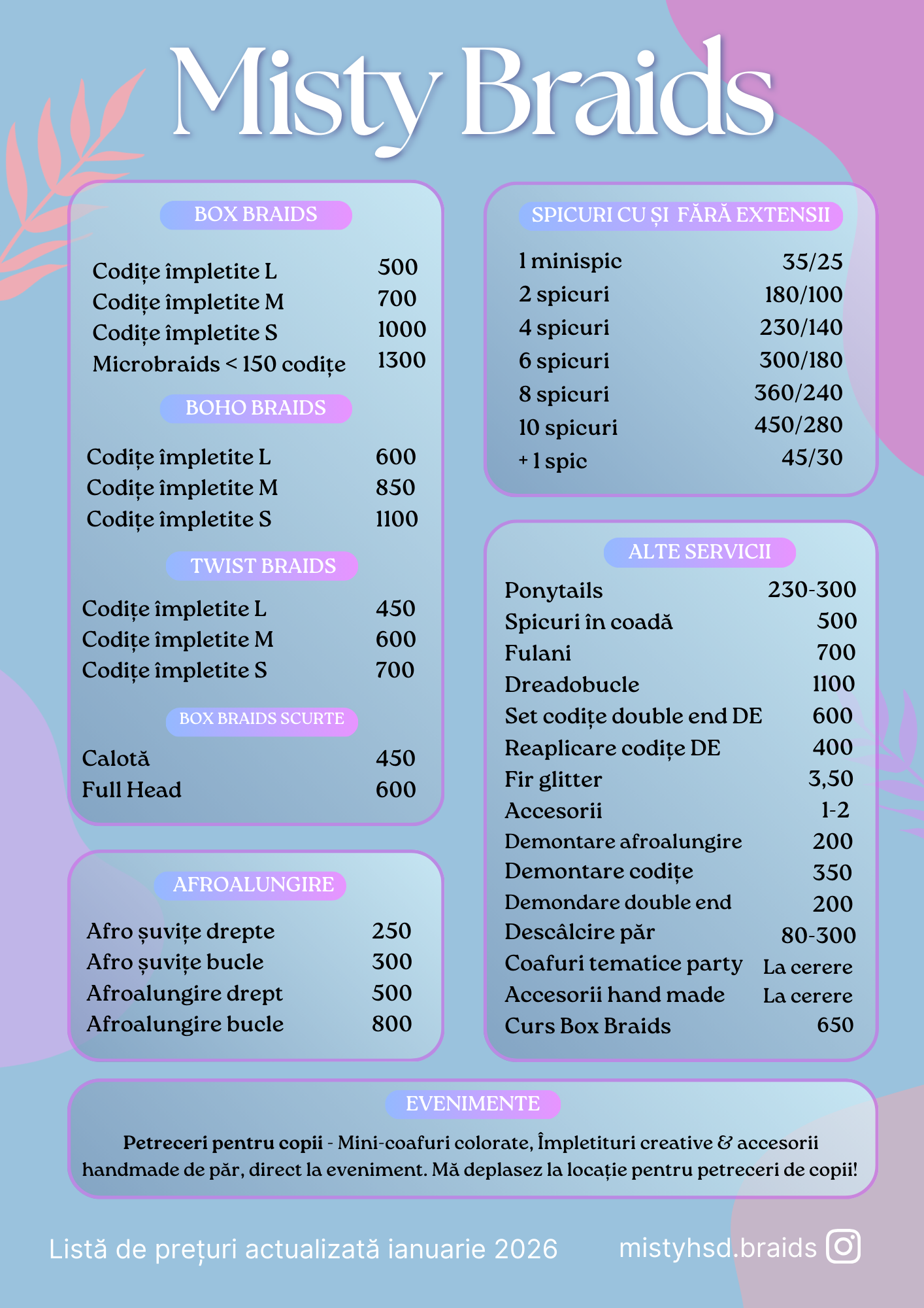 Listă prețuri Misty Braids 2026
